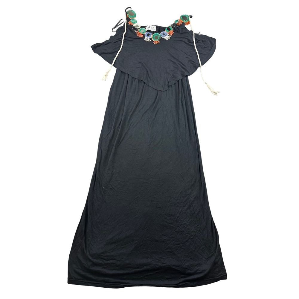 VaVa by Joy Han Maxi Dress Women S Black Bead Embellished Ruffle USA Made Boho